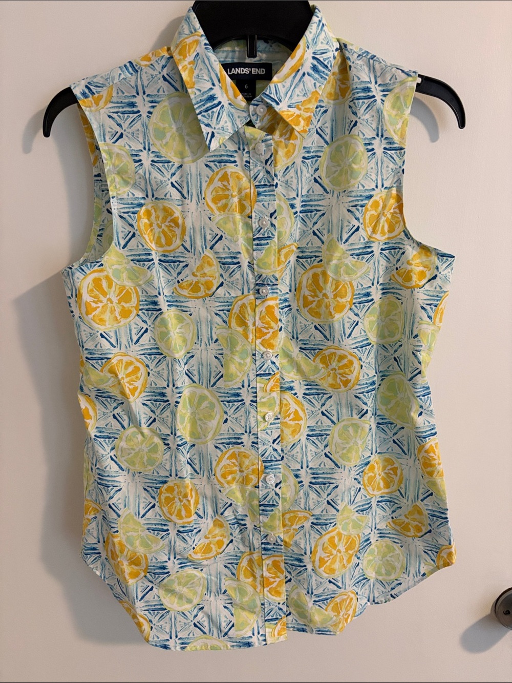 Lands' End Sleeveless Citrus Button-Front Blouse in Yellow & Green